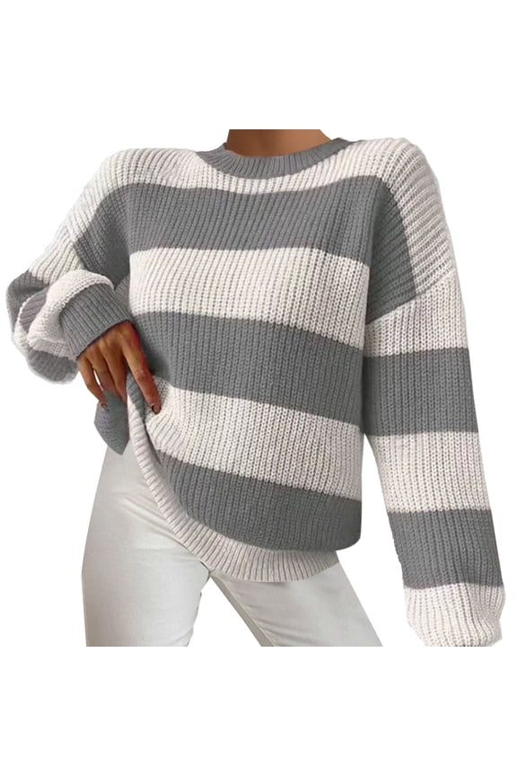 Women Sweaters Striped Sweater Loose Lazy Long Sleeved Pullover Round Neck Knit Sweater Sweaters