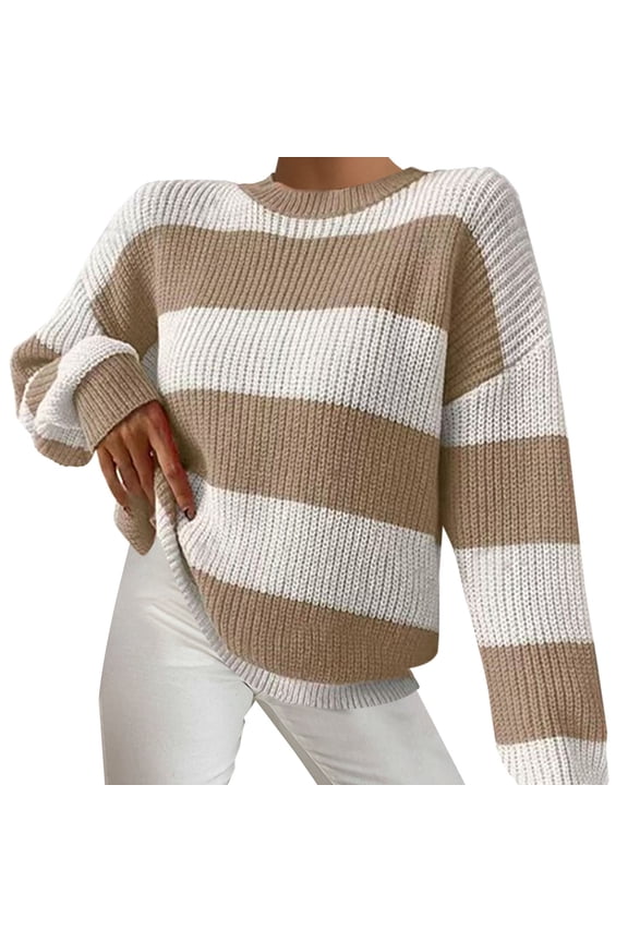 Women Sweaters Striped Sweater Loose Lazy Long Sleeved Pullover Round Neck Knit Sweater Sweaters