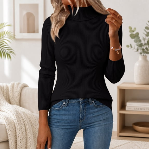 Women Sweaters Turtleneck Ribbed Knit Long Sleeve Slim Fit Pullover Tops Tee
