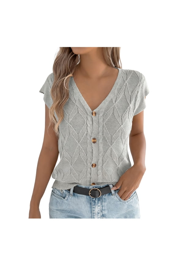 Women Sweaters Vest V Neck Short Sleeve Button Down Tank Cable Knit Cap Sleeve Summer Cardigan Sweaters Shirt Tops