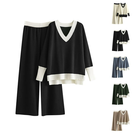 Women Sweaters, Winter Sweaters for Women, Two Piece Set with V Neck Pullover, Contrast Color Wide Leg Pants for Casual Wear