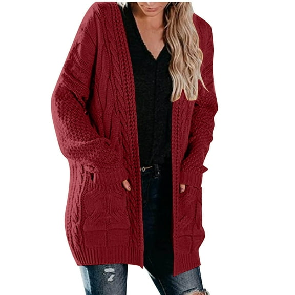 Women Sweaters Women Fall Clothes Women Casual Solid Twist Crochet Sweater Cardigan Loose Long Sleeve Pocket Long Coat