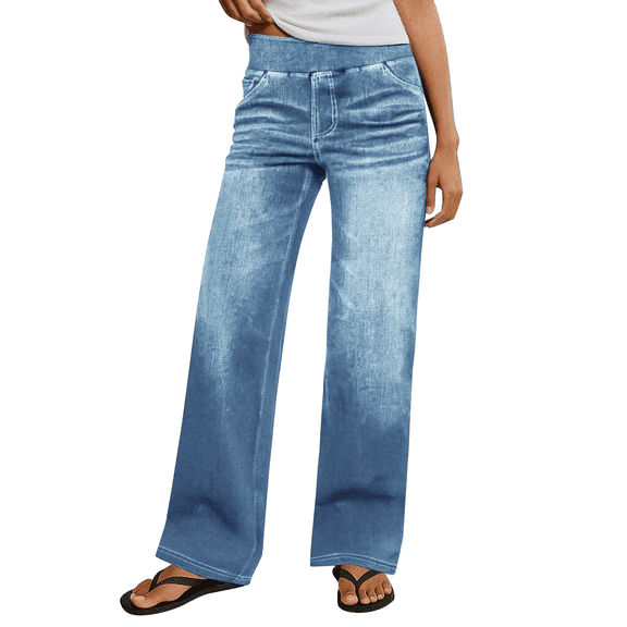 Women Sweatpant Jeans, High Waisted Stretchy Pull On Wide Leg Denim Pants With Pockets