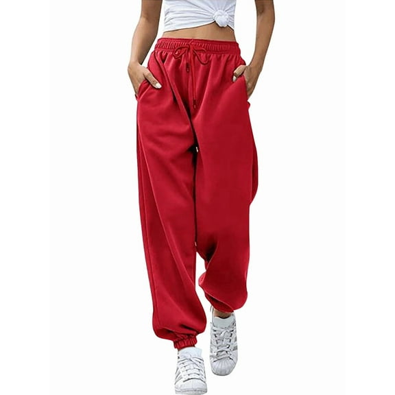 Women Sweatpants High Waisted Baggy Sweatpants Joggers Sport Active Workout Jogger Pants with Pockets Red XL