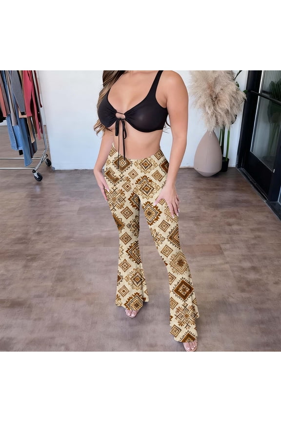 Women Sweatpants Hiking Pants Women Women's Vintage Printed High Waisted Modern Tight Fitting Bag Hip Casual Plastic Flared Pants Long Pants,Beige,M