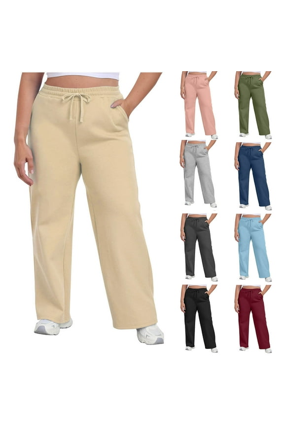 Women Sweatpants Lounge Straight Leg Sweat Pants Plus Size Solid Color Elastic Waist Pocket Drawstring Sports Pants Trousers