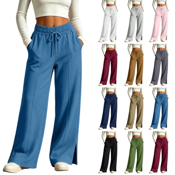 Women Sweatpants Ndbuld Women Fashion Trousers Full Pants Casual Straight Solid Color Loose Casual Wide Leg Pants Blue XXL