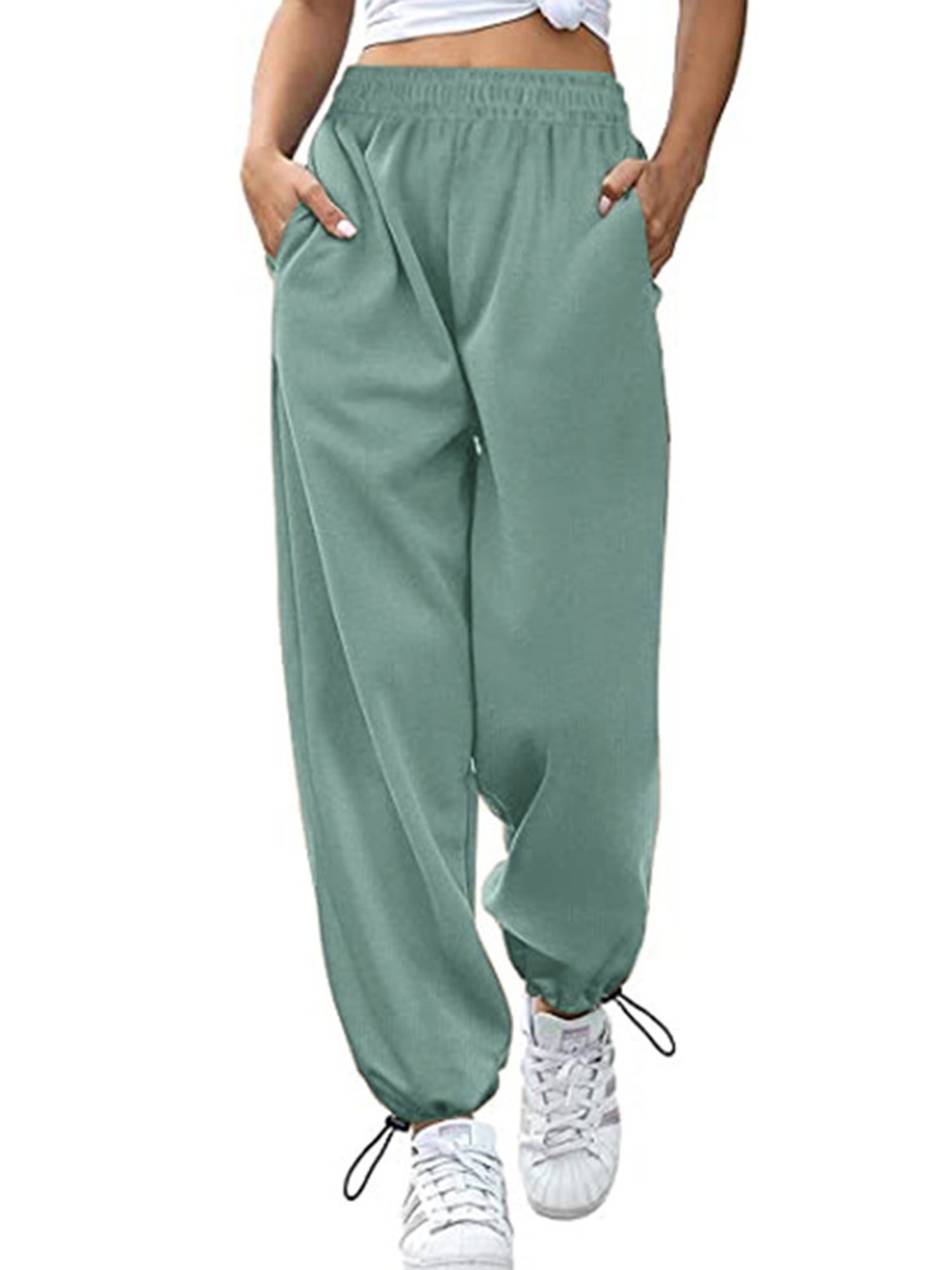 Women Sweatpants Solid Color High Waist Drawstring Jogger Pants with  Pockets Wide Leg Lounge Trousers 