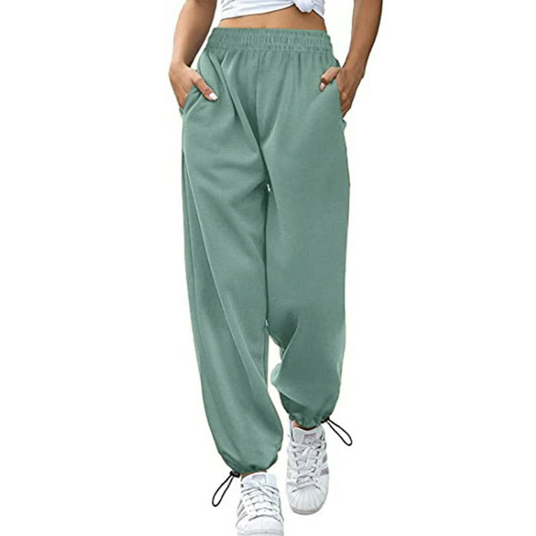Women Sweatpants Solid Color High Waist Drawstring Jogger Pants with  Pockets Wide Leg Lounge Trousers