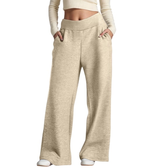 Women Sweatpants Straight Leg Sweatpants with Pockets Loose Fit Wide Leg Casual Lounge Pants Khaki L