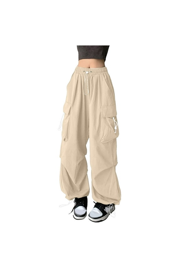 Women Sweatpants Vintage Y2K Solid Baggy Cargo Pants Streetwear Hop Joggers Sweatpants Oversize Drawstring Parachute Pants Rave Pants Women's Pants Beige XL