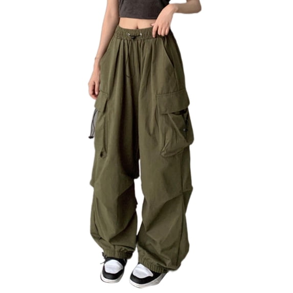 Women Sweatpants Vintage Y2K Solid Baggy Cargo Pants Streetwear Hop Joggers Sweatpants Oversize Drawstring Parachute Pants Rave Pants Womens Pants Casual Green XXXL