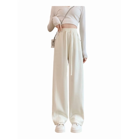 Women Sweatpants Wide Leg Drawstring Workout Casual Baggy Pants High Waist Cream White XL