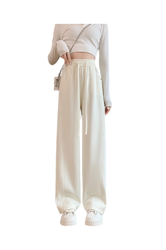 Women Sweatpants Wide Leg Drawstring Workout Casual Baggy Pants High Waist Cream White XL