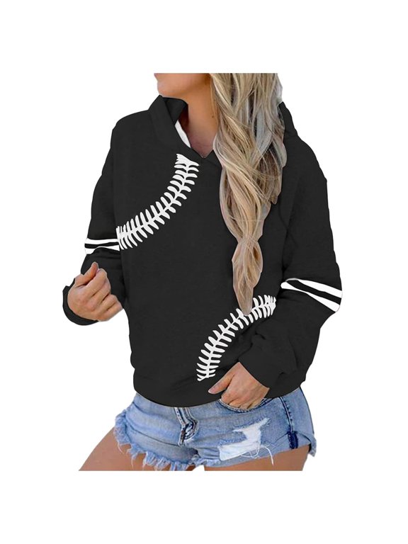 Women Sweatshirt Baseball Style Print Long Sleeve Hooded Pullover Sweatshirt Fall Winter Versatile Comfy Oversized Casual Wear Hoodie for Women