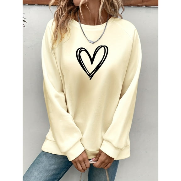 Women Sweatshirt Cute Heart Graphic Shirts Crewneck Casual Loose Vintage Blouse Valentine Pullover Long Sleeve Tops Beige XL