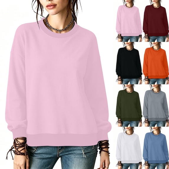 Women Sweatshirt Dqueduo Women's Solid Color Knit Long Sleeve Round Neck Top – Casual Basic Tee Pink L