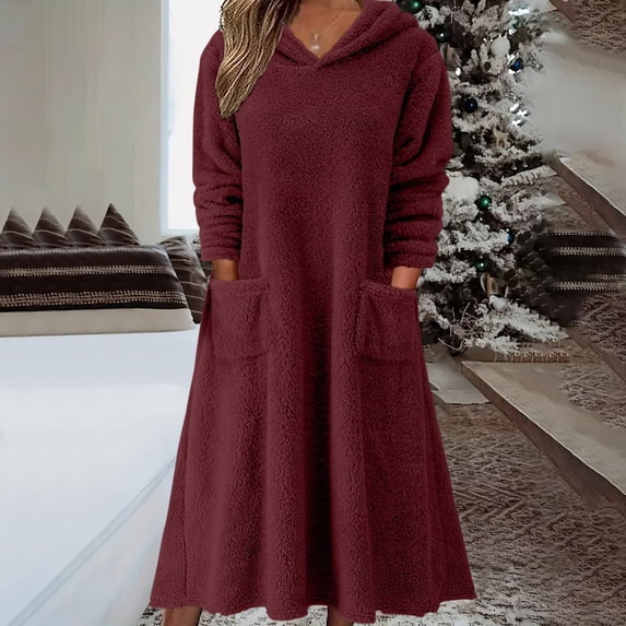 Women Sweatshirt Dress Winter Dress Long Sleeve Solid Pocket Winter Fall Hooded Dress Women's Summer Dress Casual Dress with Pockets Wrap Dress for Women Midi Women's Casual Ladies T Shirt Dresses