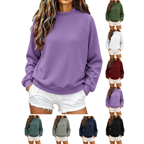 Women Sweatshirt Fall Waffle Pullover Tops Loose Casual Long Sleeved Lightweight Crewneck Fashion Travel Vacation Outfits