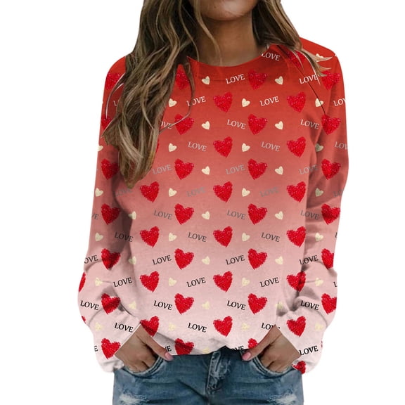 Women Sweatshirt Fall Winter Women's Valentine's Day Couples Matching Heart Print Crewneck Long Sleeve Casual Hoodless Sweatshirt Hoodies for Women Trendy Red S