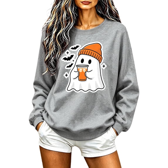 Women Sweatshirt Halloween Spooky Season Casual Pullover Shirts Pumpkin Ghost Print Long Sleeve Crew Neck Sweatshirt Funny Halloween Clothes