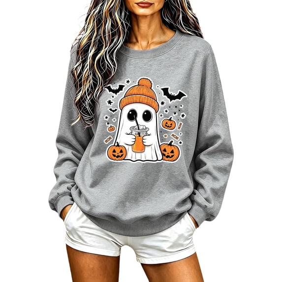 Women Sweatshirt Halloween Spooky Season Casual Pullover Shirts Pumpkin Ghost Print Long Sleeve Crew Neck Sweatshirt Funny Halloween Clothes
