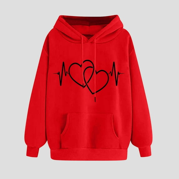 Women Sweatshirt Hooded Love Printed Off Shoulder Sleeves Long Sleeved Sweatshirt Red S,Blouse for Women