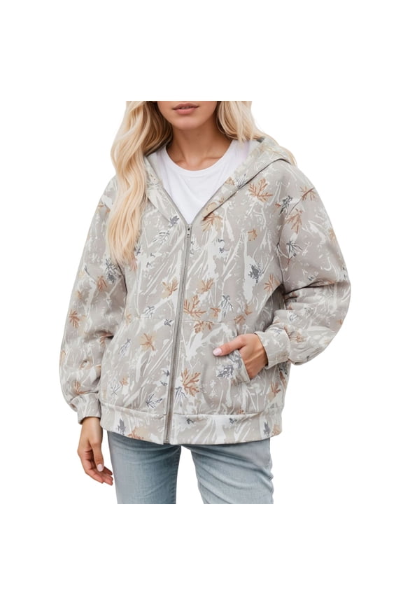 Women Sweatshirt Jackets Oversized Graphic Camo Print Zip Up Long Sleeve Hoodie Camouflage Maple Leaf Fall Winter Clothes
