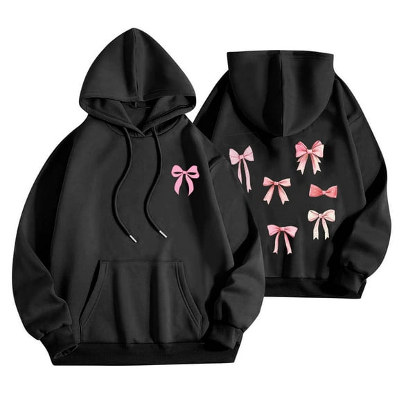 Women Sweatshirt Long Sleeve Hoodies Bow Tie Print Casual Fall Loose Pullover Hooded Sweatshirt Black S,Blouse for Women