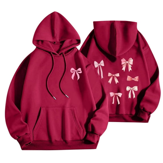 Women Sweatshirt Long Sleeve Hoodies Bow Tie Print Casual Fall Loose Pullover Hooded Sweatshirt Wine S,Blouse for Women