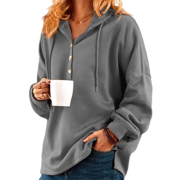 Women Sweatshirt Long Sleeve Hoodies Hooded Pullover Women Casual Fit V Neck Loose Tops Gray S
