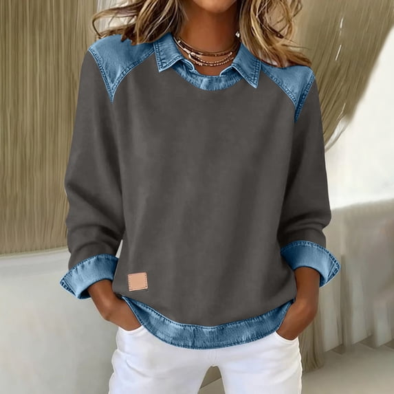 Women Sweatshirt Long Sleeve Pullover Lapel Patchwork Casual Tops 2 in 1 Denim Lapel Collar Plaid Pullover Casual Tops Color Block Fall Winter Jumper Dark Gray XL