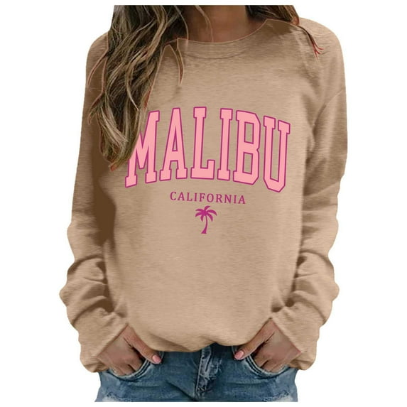Women Sweatshirt Malibu Letter Print Fall Crewneck Sweatshirt Relaxed Fit Basic Top Essential Casual Outfit Hoodie Women Khaki XL