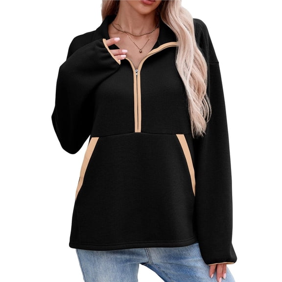 Women Sweatshirt Mock Neck Sweatshirts Half Zip Pullover Fall Clothes Black L