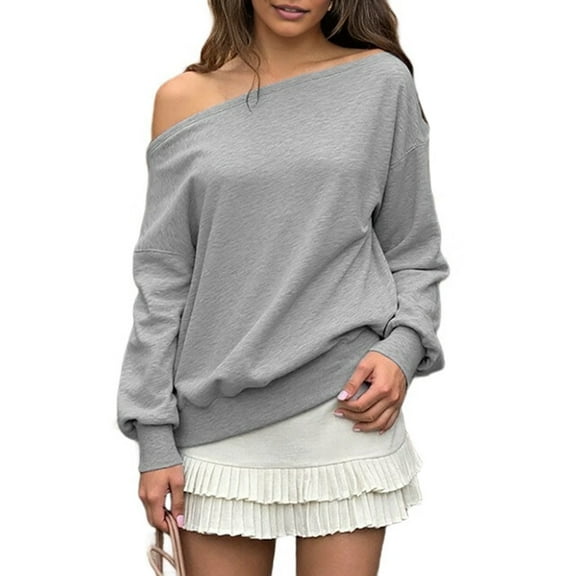 Women Sweatshirt Off Shoulder Long Sleeve Pullover Top Oversized Shirt Basic Slouchy Tops Gray L
