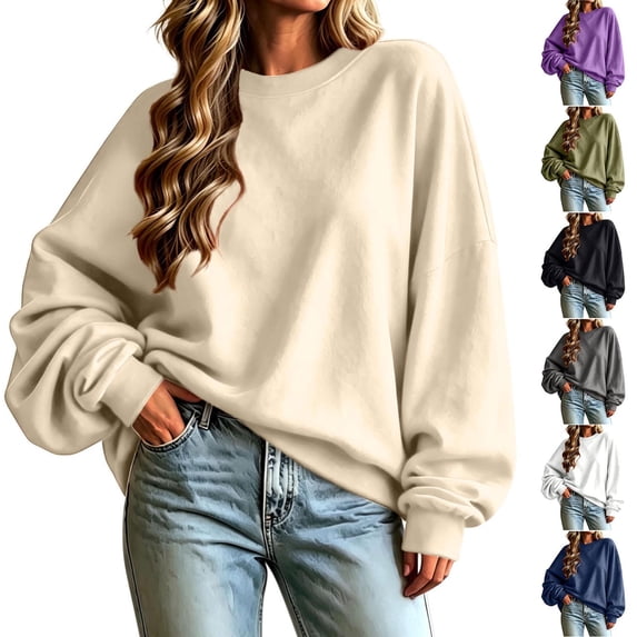Women Sweatshirt Sevevn Crew Neck Oversized Fit Soft Brushed Fabric Drop Shoulder Balloon Long Sleeve Pullover For Daily Casual Lounging Street Wear