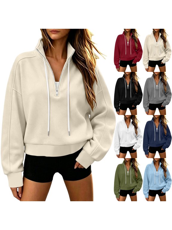 Women Sweatshirt Sevevn Half Zip Stand Collar Cropped Fit Soft Fleece Drawstring Drop Shoulder Long Sleeve Top For Daily Sport Casual Wear