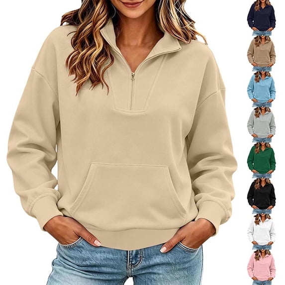 Women Sweatshirt Sevevn Half Zip Stand Collar Regular Fit French Terry Fabric Front Kangaroo Pocket Ribbed Cuff Long Sleeve For Daily Casual Outdoor Wear