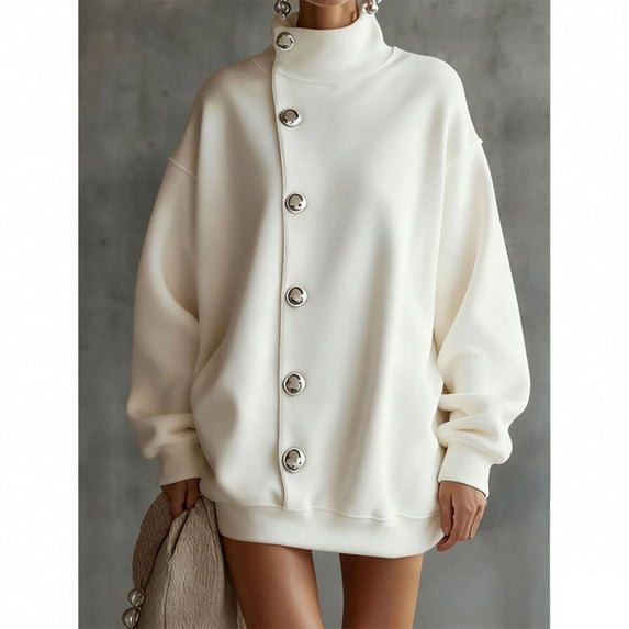 Women Sweatshirt Sevevn High Mock Neck Oversized Tunic Fit Soft Fleece Side Metal Button Detail Long Sleeve For Fall Winter Daily Casual Wear