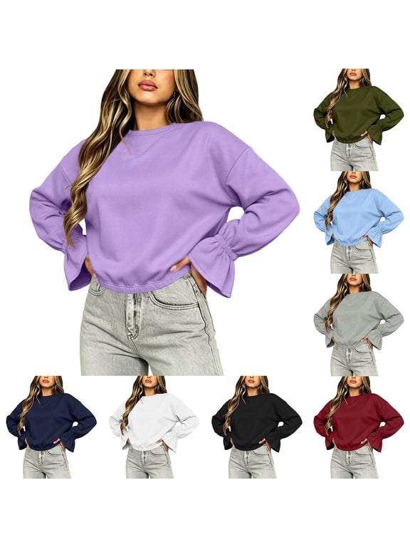 Women Sweatshirt Solid Color Round Neck Flared Long Sleeve Top Elastic Waistband Elastic Cuffs Loose Casual Pullover for Daily Street Party Fall Winter Wear