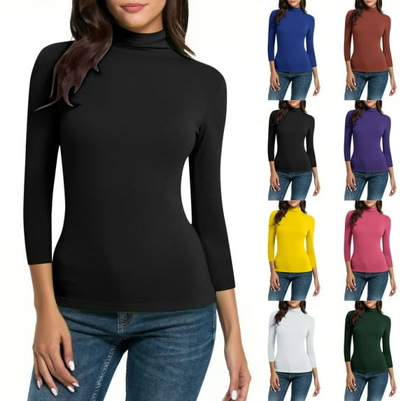 Women Sweatshirt Underwear Turtleneck 3/4 Sleeve Solid Color Stretchy Workout Blouse Tops Casual Loose Outdoor Shirt for Women Yellow L