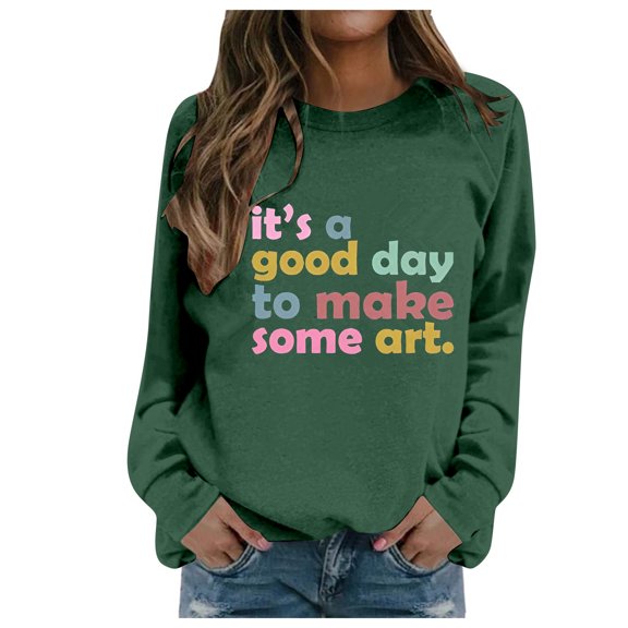 Women Sweatshirt Womens Long Sleeve Sweatshirt Sweatshirt Pullover Women Dark Green Crewneck for Women Fall Clothing Street Style Clothes