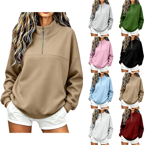 Women Sweatshirt Zaewscy Women's Solid Color Loose Half-ZipLong-Sleeved Turndowm Collar Tops Khaki XL