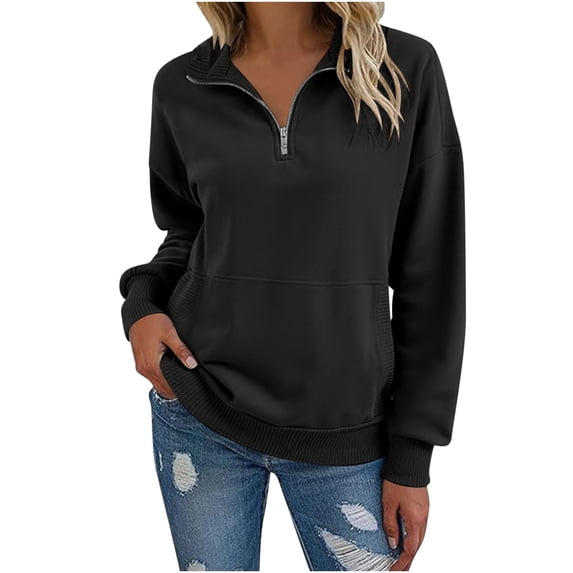 Women Sweatshirts 1/4 Zip Clothes Trendy Casual Loose Long Sleeve Pullover Comfy Fashion Cotton Oversized Zip Up Hoodie with Pocket Black M