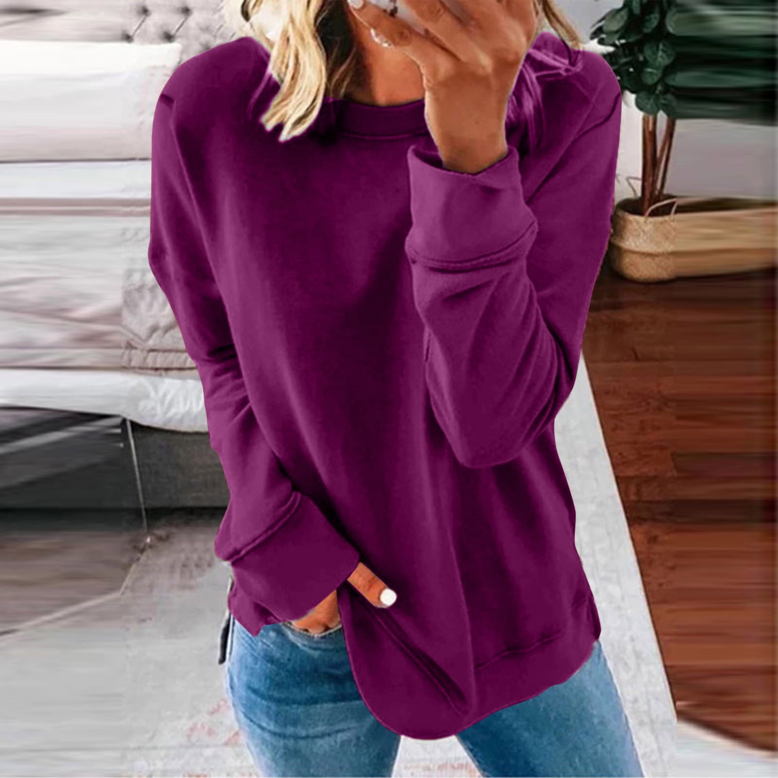 Women Sweatshirts Autumn Winter Loose Long Sleeves Round Neck Solid