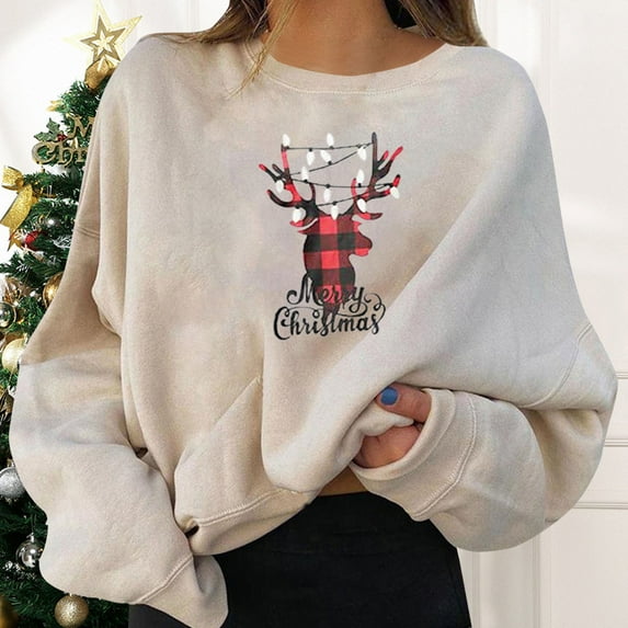 Women Sweatshirts Christmas Holiday Pullovers Fun Graphiprint Crew Neck Long Sleeve Hoodies Top