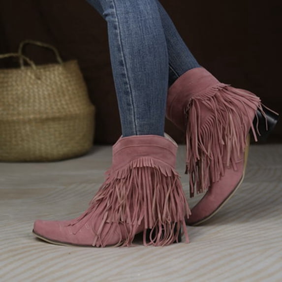 Women Sweatshirts Deals Juebong Women's Vintage Tassels Up Short Boots Midheel Boots Shoes Cowboy Boots Modern Western Cowboy Distressed Boot