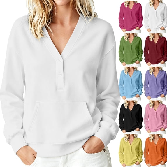 Women Sweatshirts Dqueduo Women's Casual No-Hood Button-Down V-Neck Pocket Long-Sleeve Sweatshirt White L