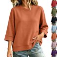 thumbnail image 1 of Women Sweatshirts Dqueduo Women's Casual Three-Quarter Sleeve Knit Crew Neck Top – Breathable Solid Color Tee Orange S, 1 of 10