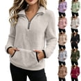 thumbnail image 1 of Women Sweatshirts Dqueduo Women's Double-Sided Fleece Zip Front-Pleated Pullover – Stand Collar Hoodie with Pockets Beige L, 1 of 7